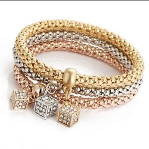 3pcs Rhinestone Square Charm Bracelet
